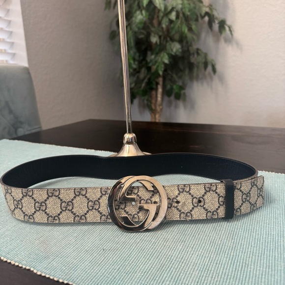 Gucci Accessories - Gucci Beige and Navy Monogram Belt with Silver GG Buckle
